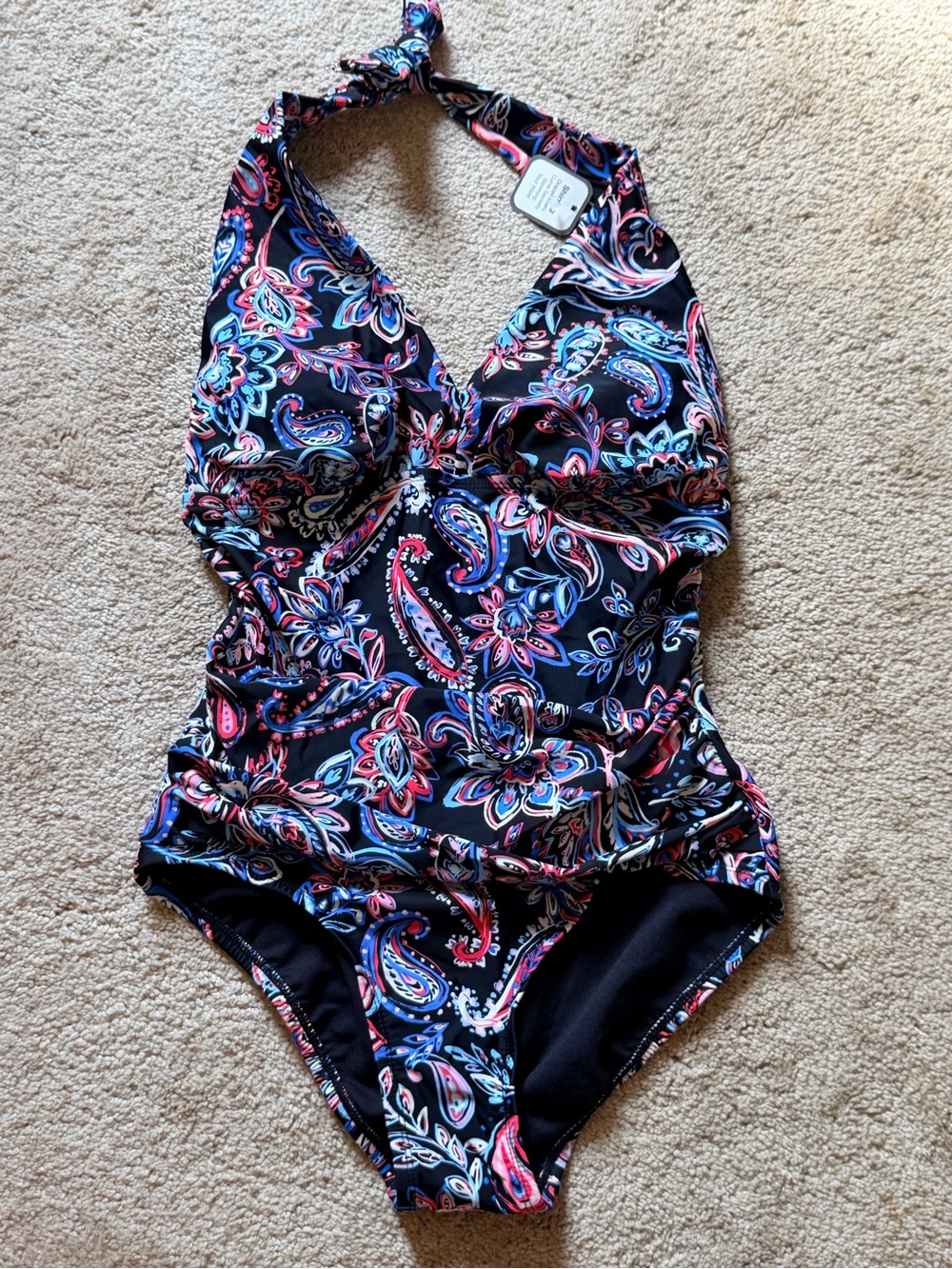 Time and Tru Black Paisley Halter One-Piece Swimsuit with Pink & Blue Accents